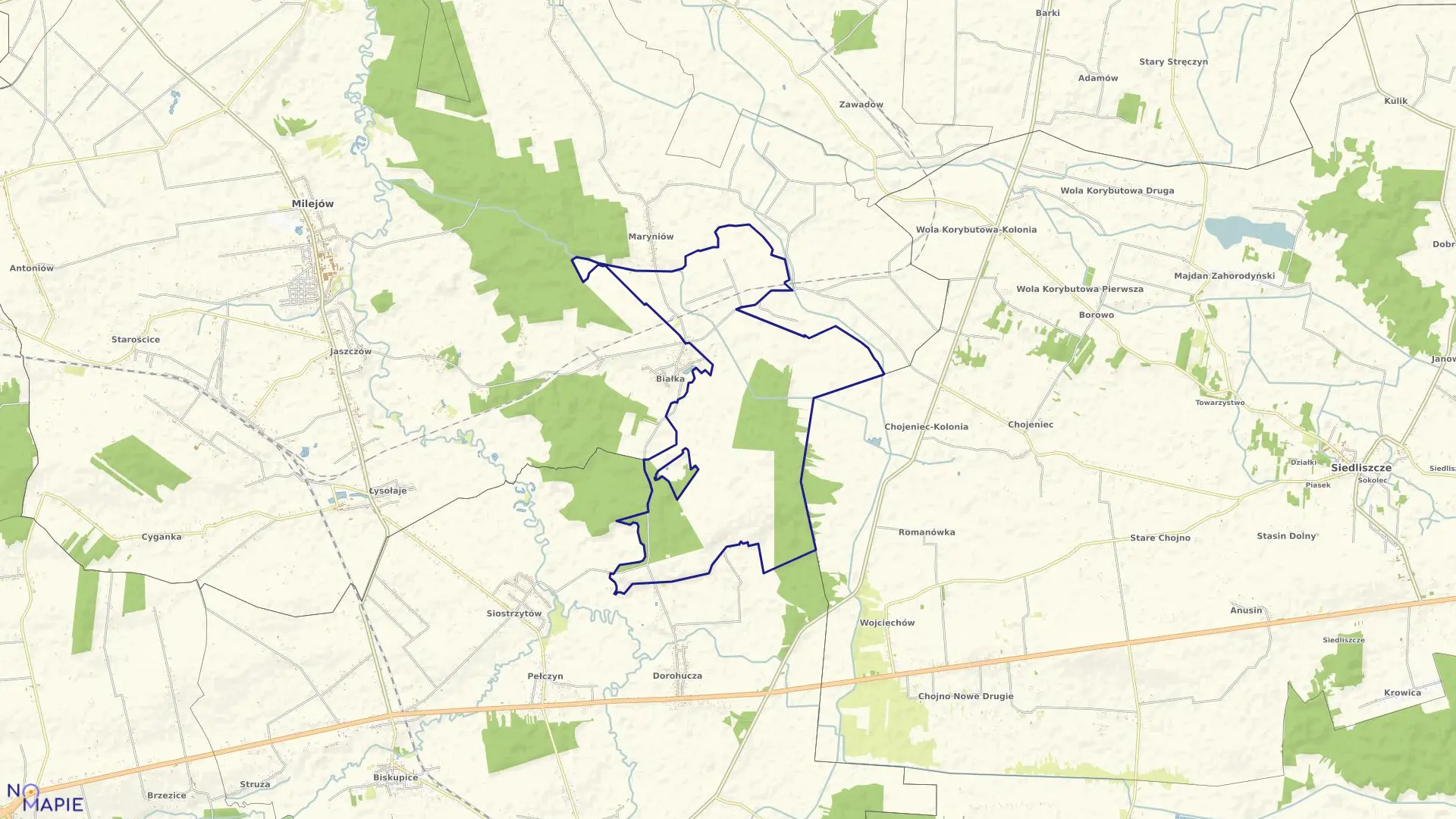 Mapa obrębu Białka Kolonia w gminie Milejów